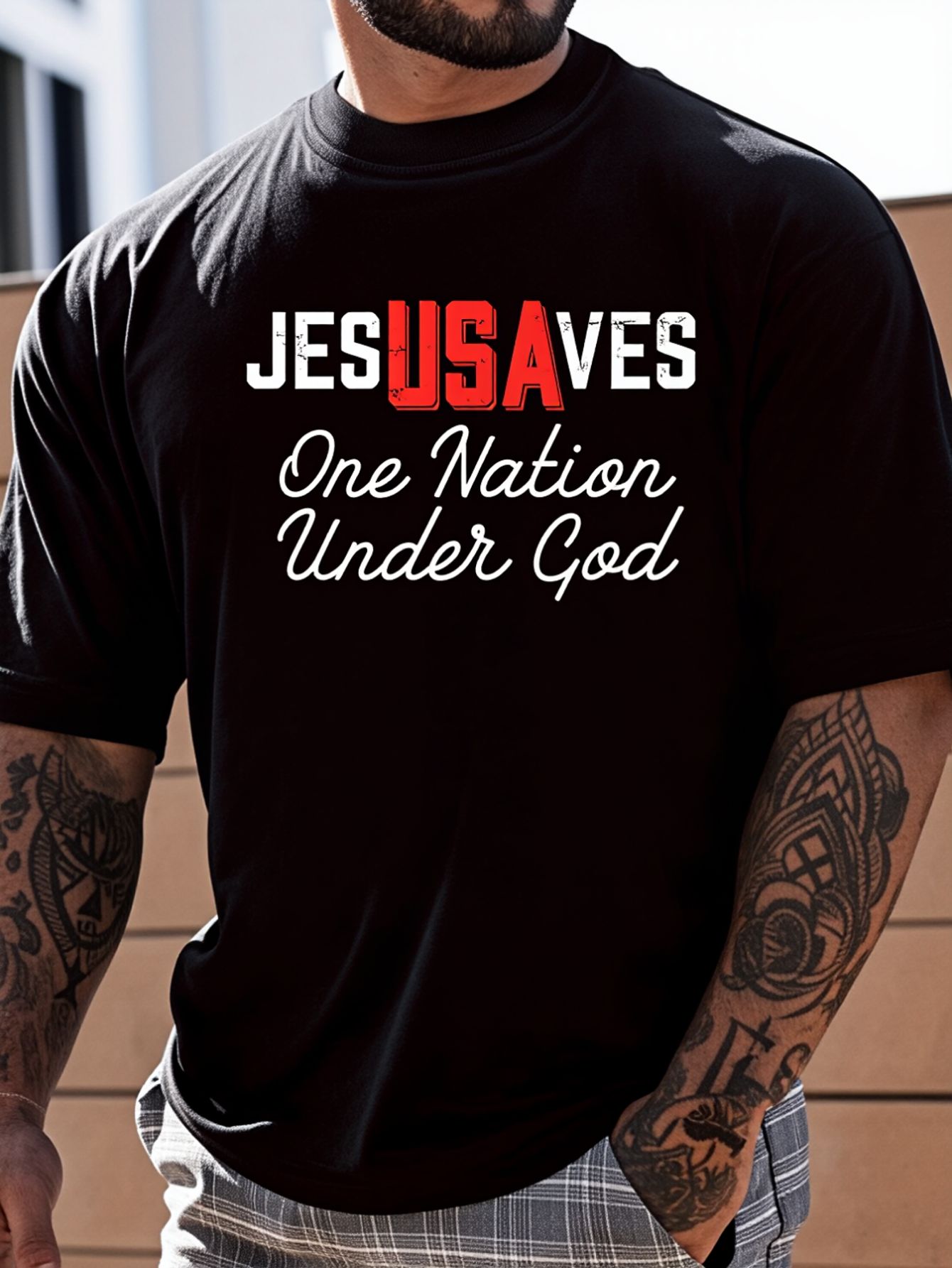 100% Cotton Jesus Saves USA On - Undershirt Crew Neck ulasan dan harga