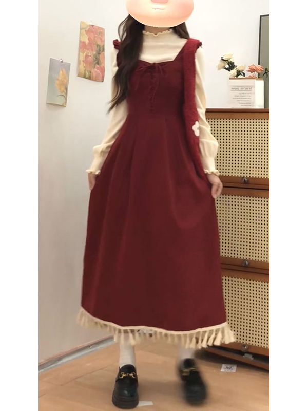 Elegant Red Tassel Vest Dress  - Base Layer Top ulasan dan harga