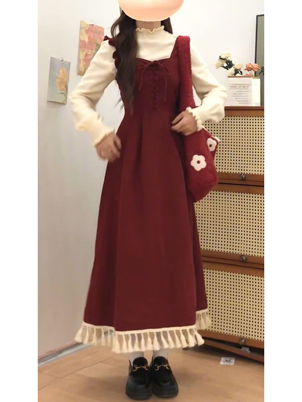 Elegant Red Tassel Vest Dress  - Base Layer Top ulasan dan harga