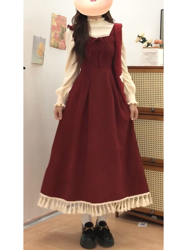 Elegant Red Tassel Vest Dress  - Base Layer Top ulasan dan harga